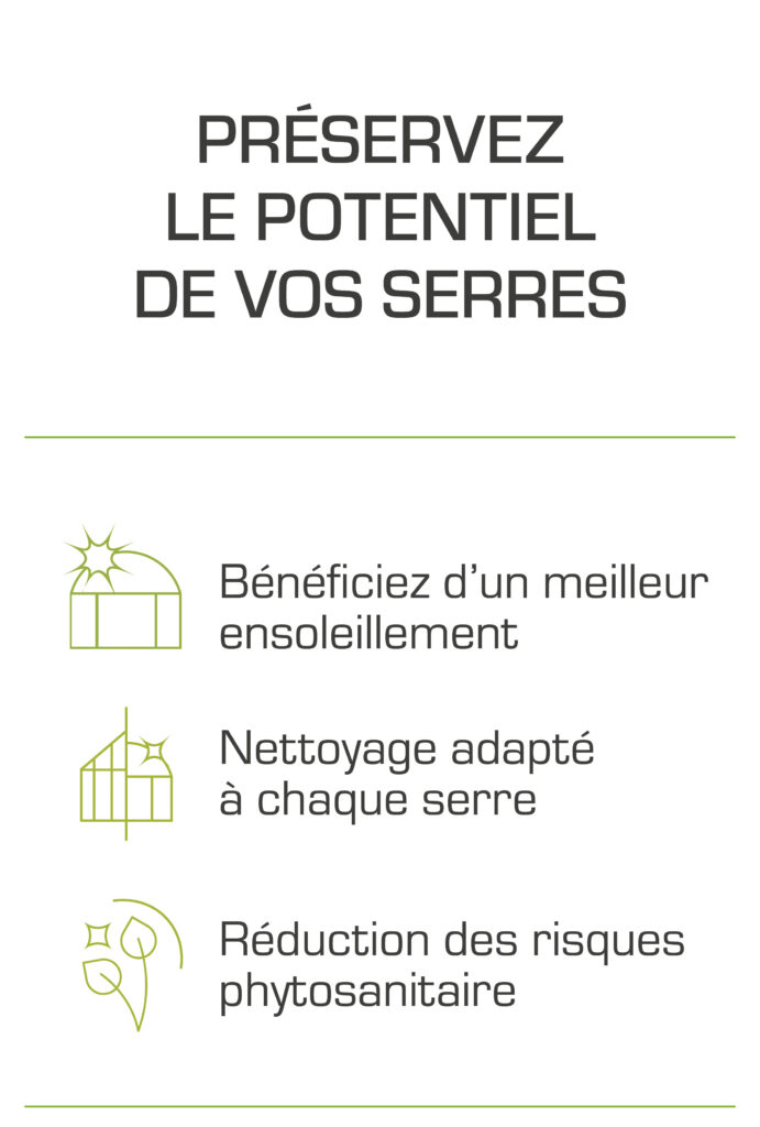 Préservez le potentiel de vos serres. En bénéficiant d'un meilleur ensoleillement. Nous réalisons un nettoyage adapté à chaque serre. Cela permet de réduire les risques phytosanitaire.
